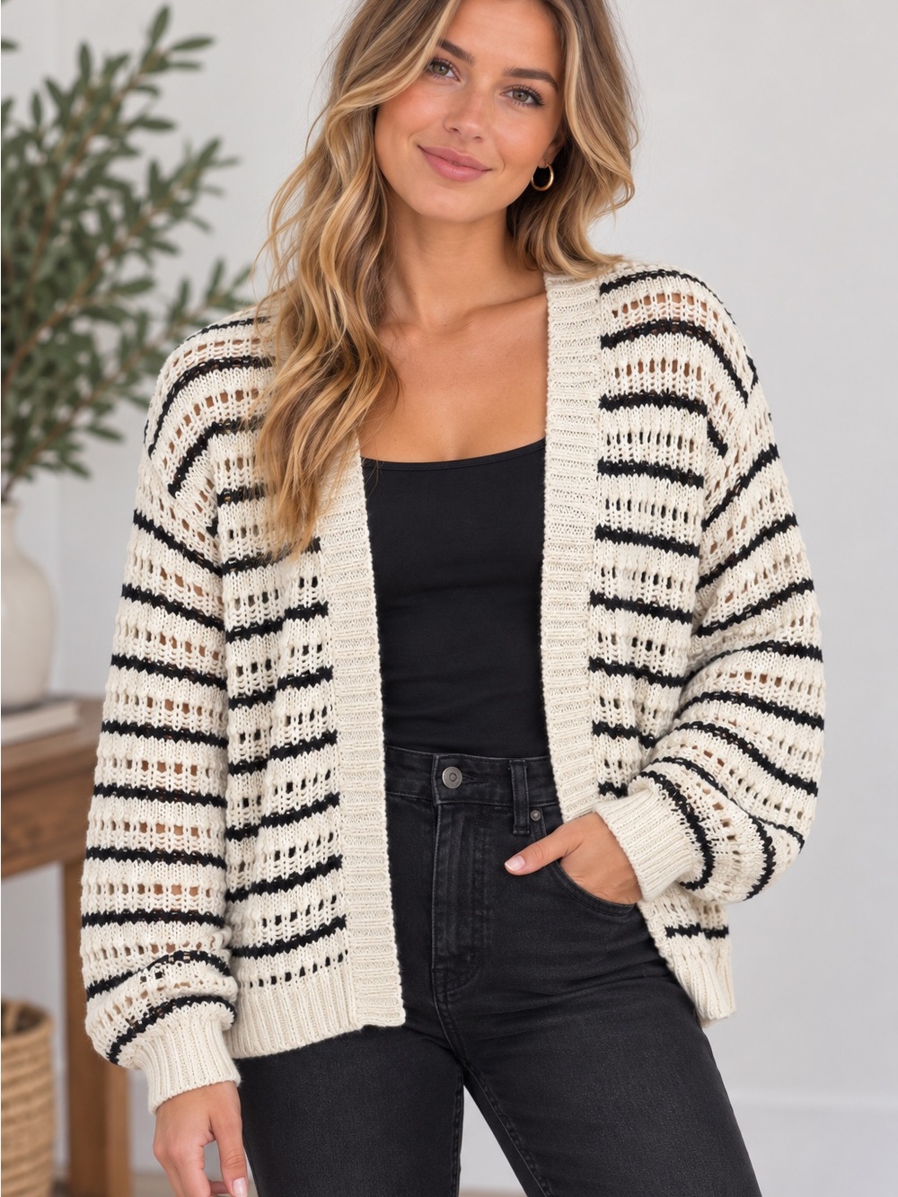 American Eagle Outfitters Open-Front Striped Knit Cardigan - Cream and Black